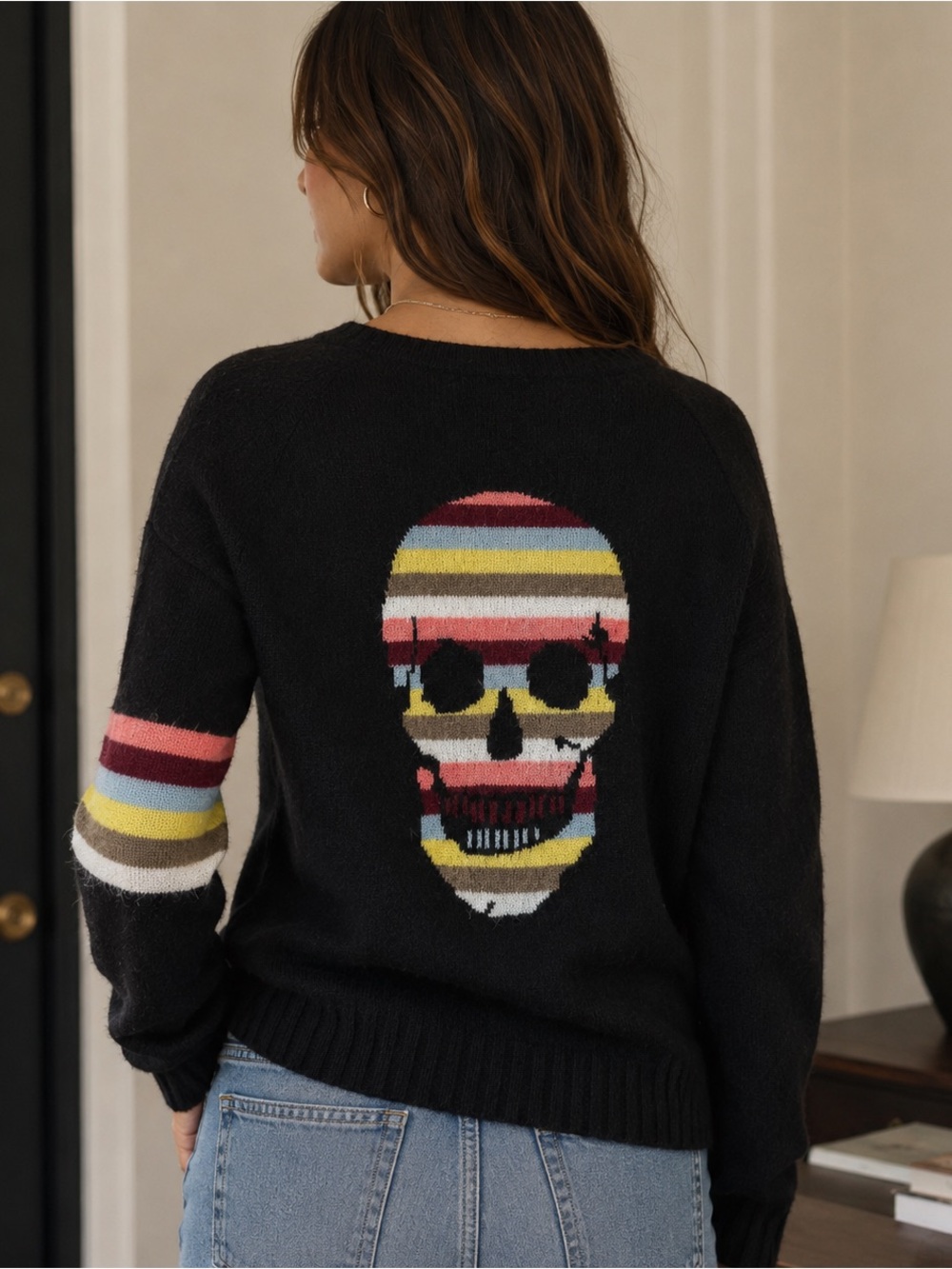Skull Cashmere Black V neck Cozy Sweater
